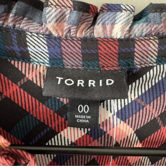 Torrid Plaid ruffle neck top keyhole tie 3/4 sleeve fall Autumn casual holiday - Picture 8 of 12